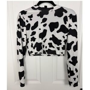 SHEIN Women Cow Print Mock Neck Long Sleeve Crop Top Black White